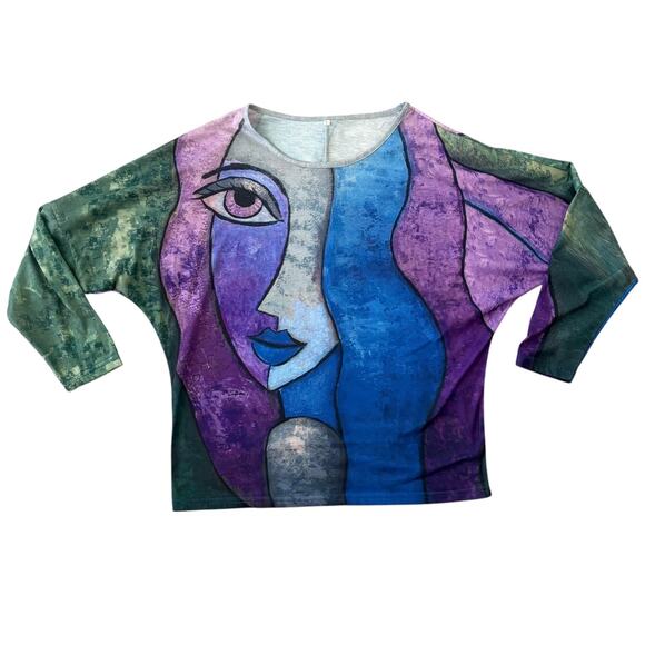 Unbranded Tops - Abstract Picasso Face Art Print Dolman Sleeve Top Blue Purple Green L Boho